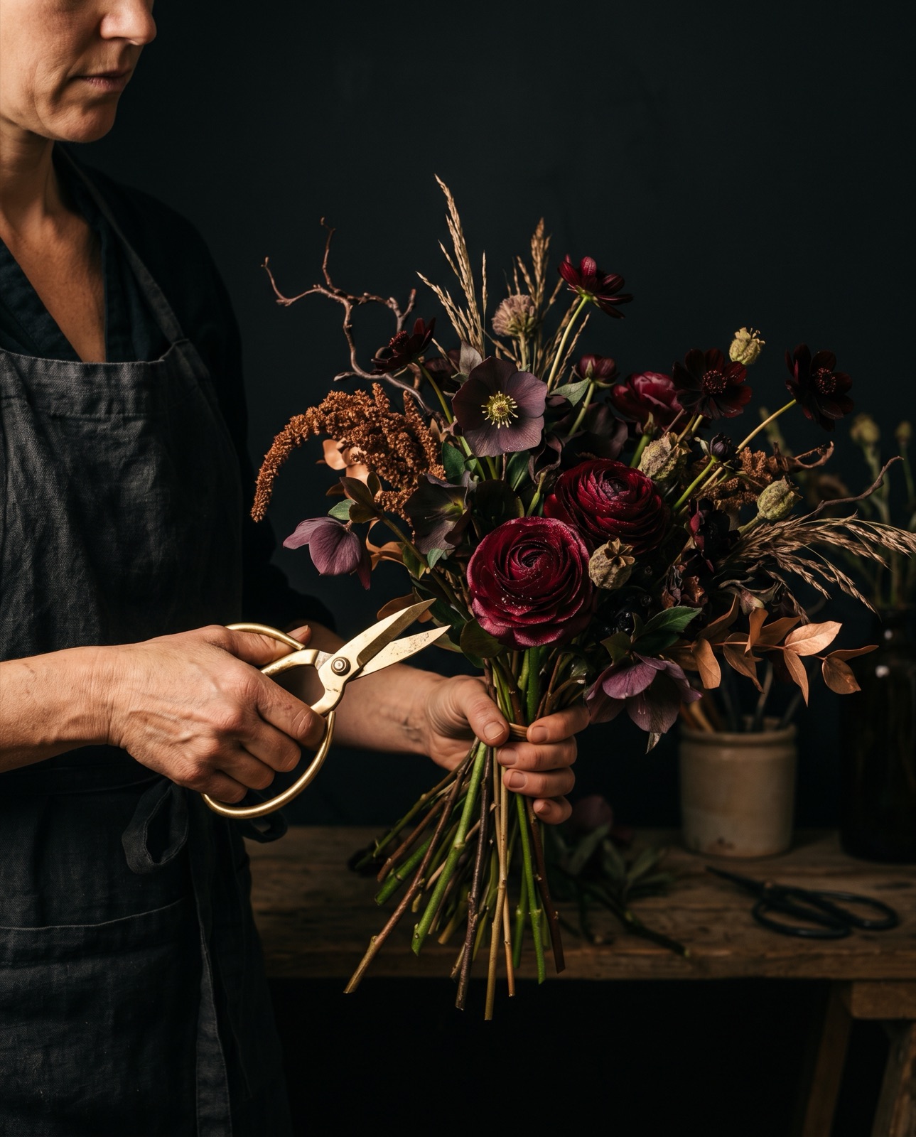 Mains d'une fleuriste composant un bouquet sombre et raffiné en clair-obscur