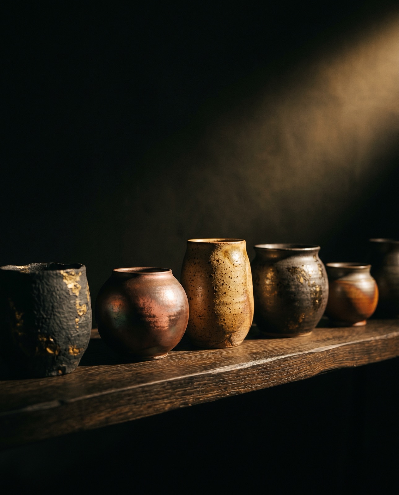Vases de céramique faits main alignés dans une lumière dramatique